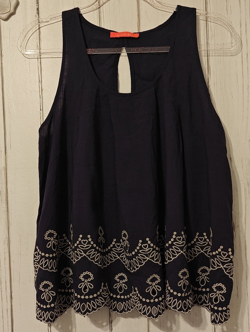 Lulumari Navy Tank Top with Ivory Embroidery
